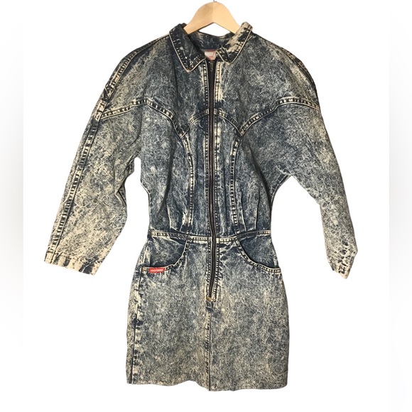 Vintage Acid Wash Jean Era Hollywood Long Sleeve Dress - Picture 1 of 7